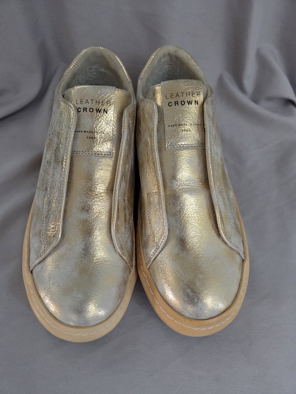 Leather Crown Metallic Gold Slip-On Sneakers